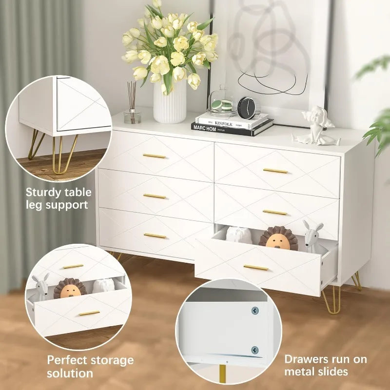 White Dresser with 6 Deep Drawers & Gold Hardware