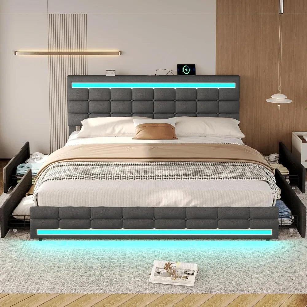 King, Queen, or Full Size LED Upholstered Bed Frame, 4 Storage Drawers & Charging Station - Whole Home Warehouse 