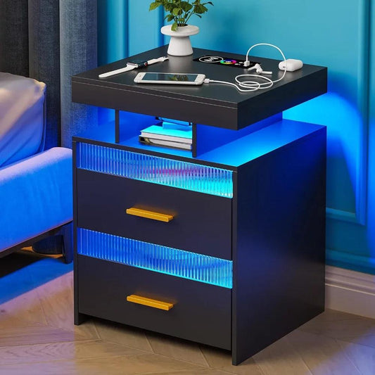 Bedside Table With Wireless Charging Station and LED Light With 2 Transparent Drawers and Open Compartment - Whole Home Warehouse 