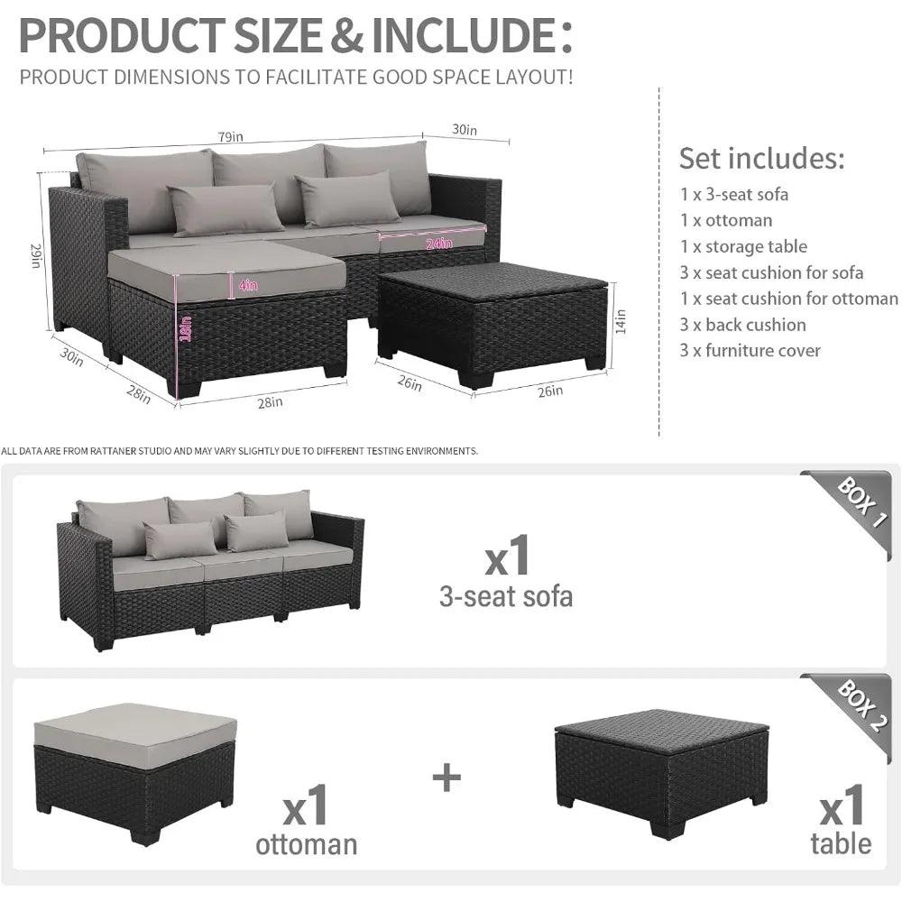 3 Pieces Outdoor Sectional Couch with Ottoman and Outdoor Storage Table - Whole Home Warehouse 