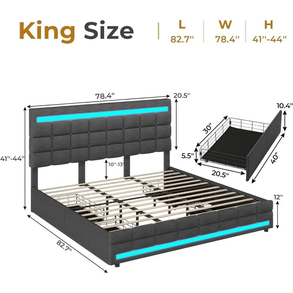 King, Queen, or Full Size LED Upholstered Bed Frame, 4 Storage Drawers & Charging Station - Whole Home Warehouse 